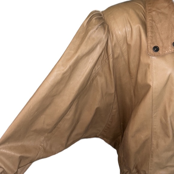 Vintage Georgetown Leather Tan Leather 80s Pleated Dolman Puff Sleeve Jacket - S - Picture 6 of 16